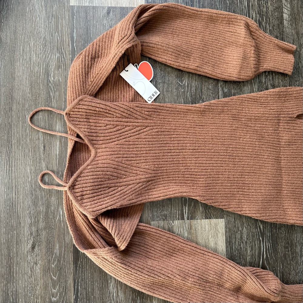 Cider NWT Brown Ribbed Knit Midi Dress & Shrug Set - Large - Picture 6 of 6